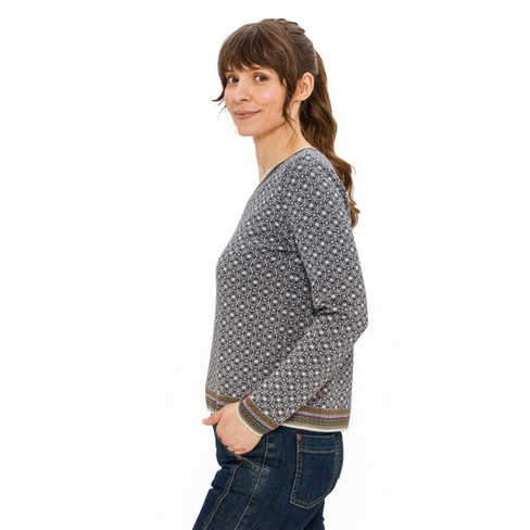 Jacquardgebreide pullover van bio-merinowol met bio-katoen, natuurwit-motief