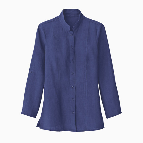 Image of Lange linnen blouse met opstaande kraag, indigo Maat: 34