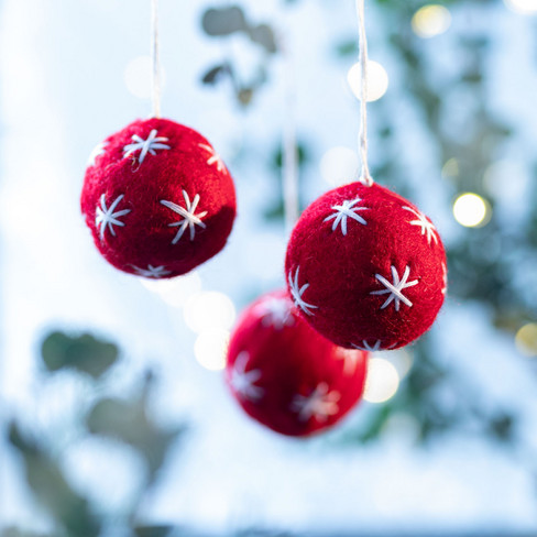 Vilten kerstballen, 3 stuks, rood