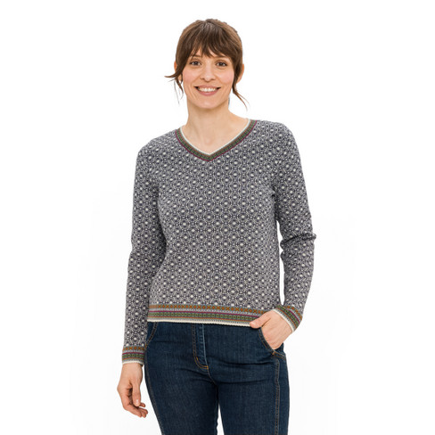 Jacquardgebreide pullover van bio-merinowol met bio-katoen, natuurwit-motief