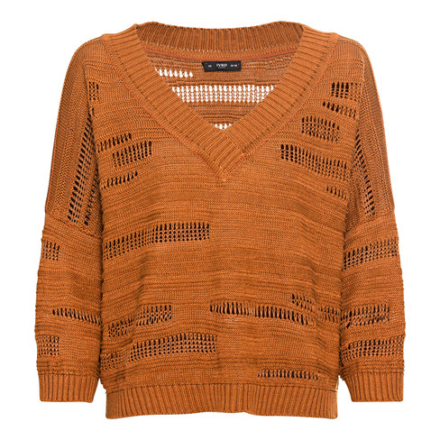 Image of Gebreide pullover van linnen met V-hals, brandy Maat: 40/42