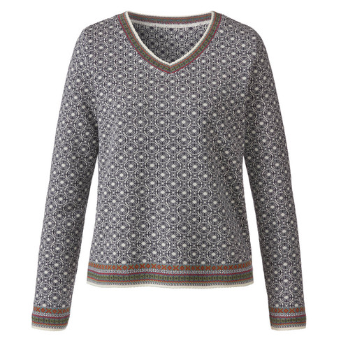 Jacquardgebreide pullover van bio-merinowol met bio-katoen, natuurwit-motief